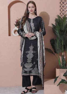 3 Pc Black Semi Stitched Silk Suit Set