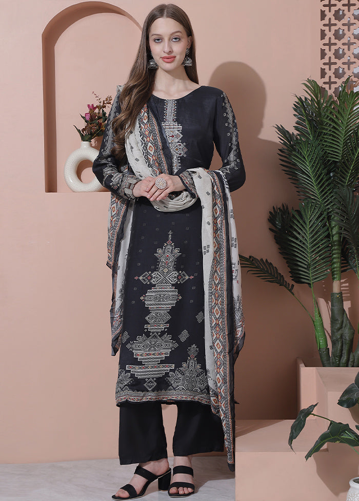 3 Pc Black Semi Stitched Silk Suit Set - Indian Silk House Agencies