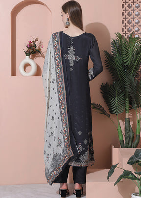 3 Pc Black Semi Stitched Silk Suit Set