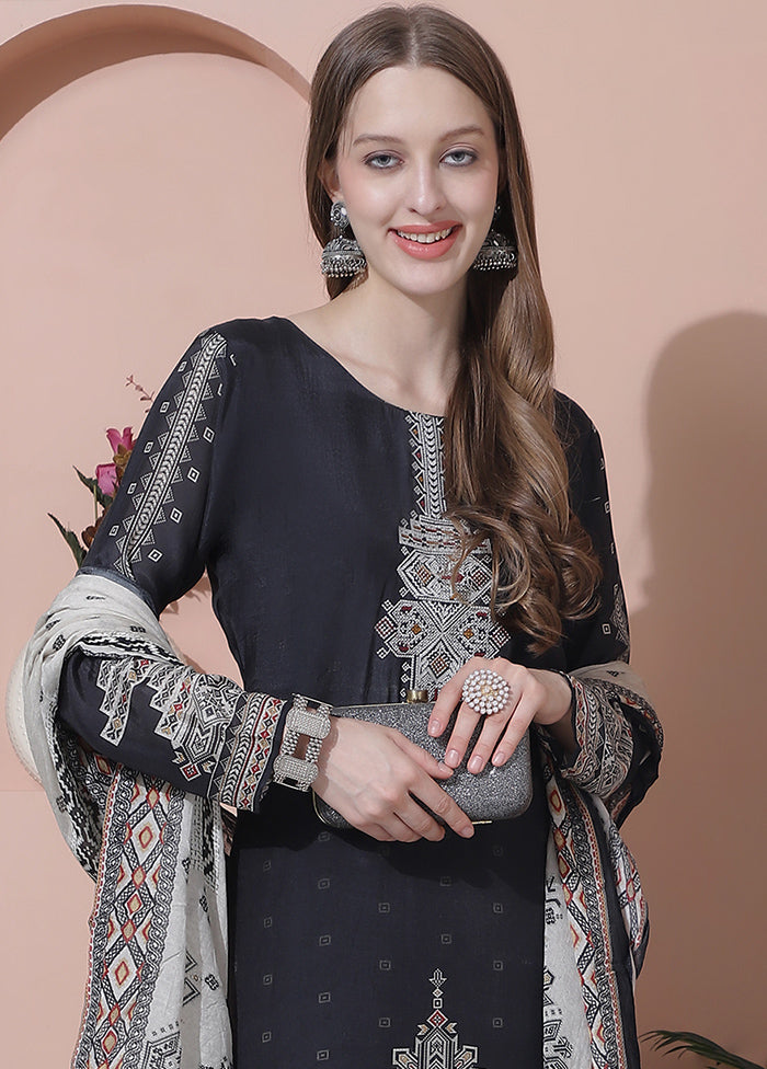 3 Pc Black Semi Stitched Silk Suit Set