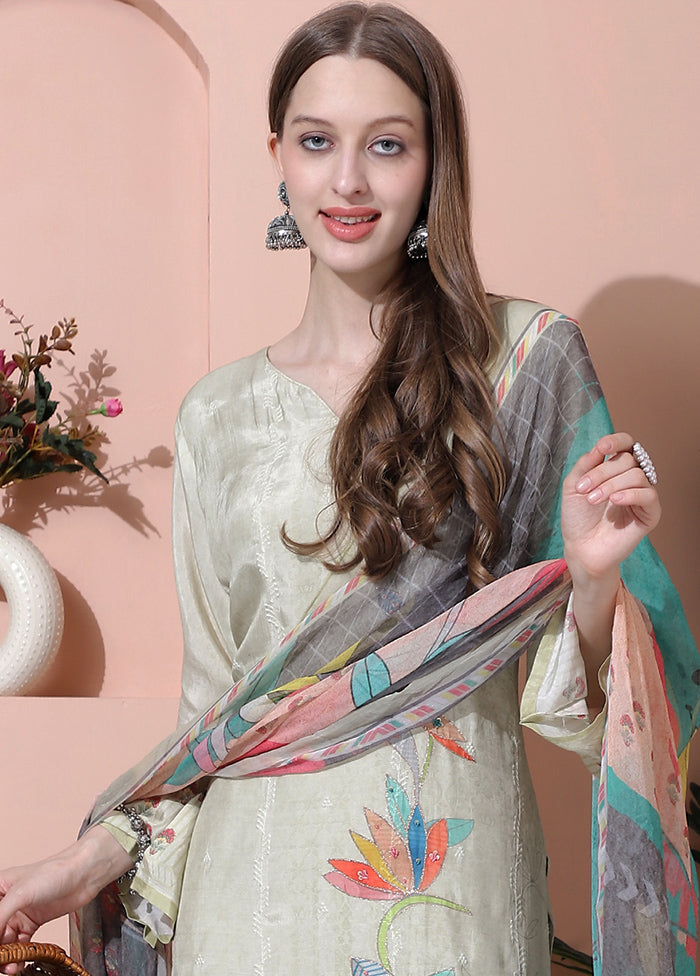 3 Pc Pista Green Semi Stitched Silk Suit Set - Indian Silk House Agencies