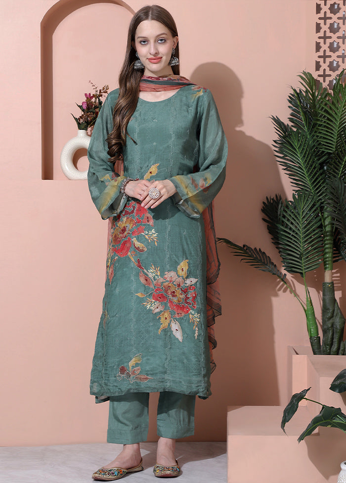 3 Pc Olive Green Semi Stitched Silk Suit Set - Indian Silk House Agencies