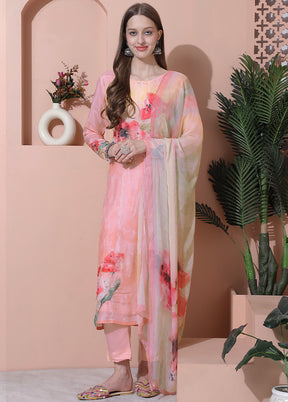 3 Pc Peach Semi Stitched Silk Suit Set