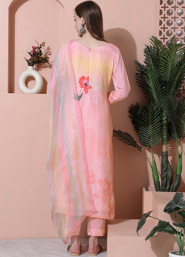 3 Pc Peach Semi Stitched Silk Suit Set