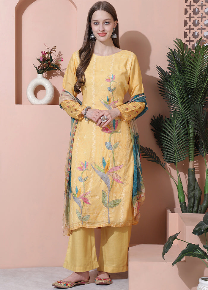 3 Pc Yellow Semi Stitched Silk Suit Set - Indian Silk House Agencies