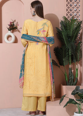 3 Pc Yellow Semi Stitched Silk Suit Set