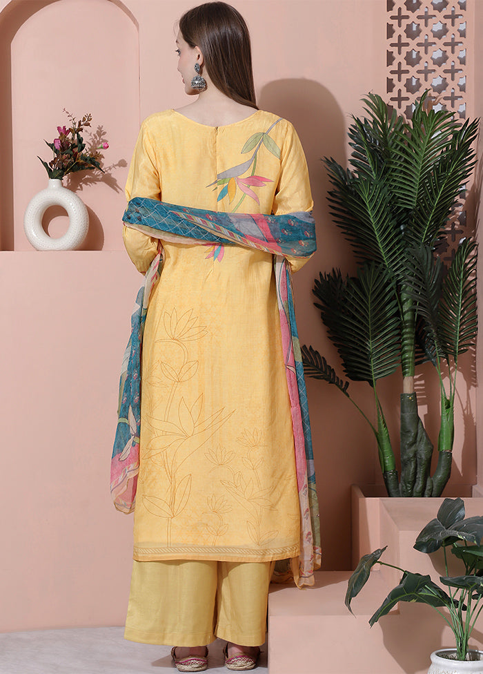 3 Pc Yellow Semi Stitched Silk Suit Set - Indian Silk House Agencies