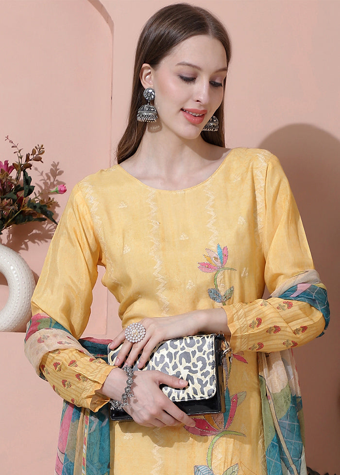 3 Pc Yellow Semi Stitched Silk Suit Set - Indian Silk House Agencies