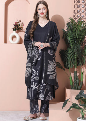 3 Pc Black Unstitched Cotton Suit Set - Indian Silk House Agencies