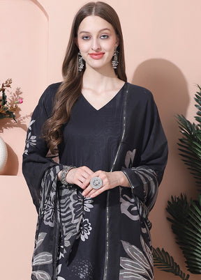 3 Pc Black Unstitched Cotton Suit Set - Indian Silk House Agencies