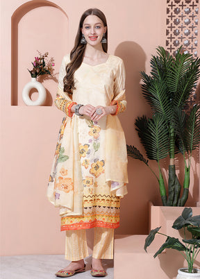 3 Pc Yellow Unstitched Cotton Suit Set