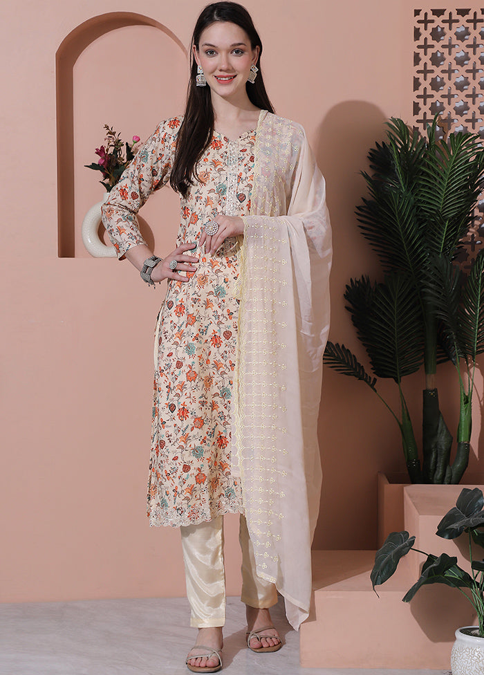 3 Pc Cream Unstitched Cotton Suit Set