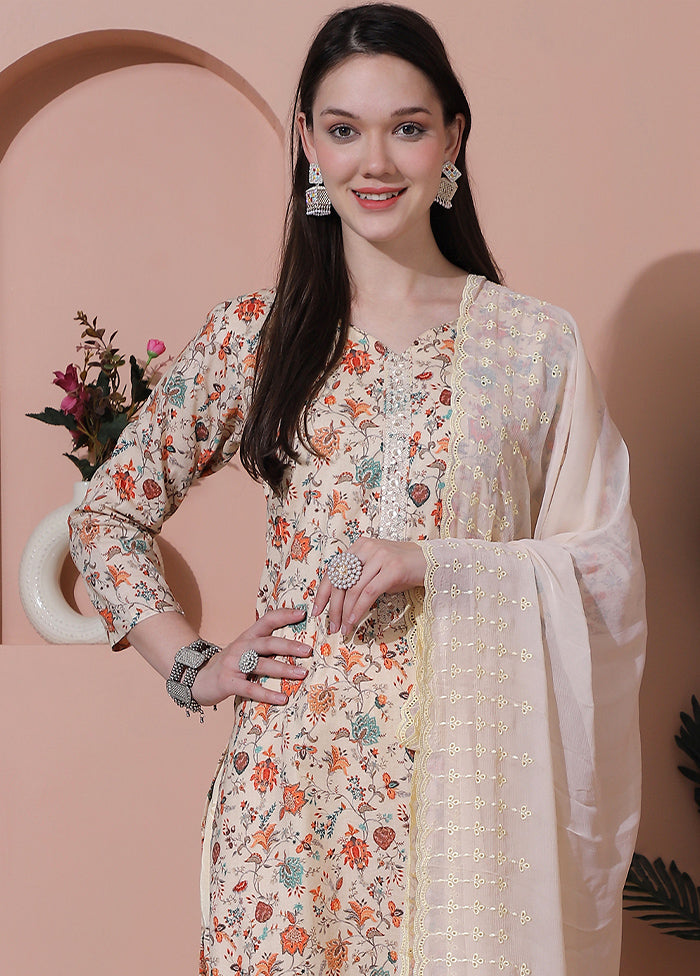 3 Pc Cream Unstitched Cotton Suit Set