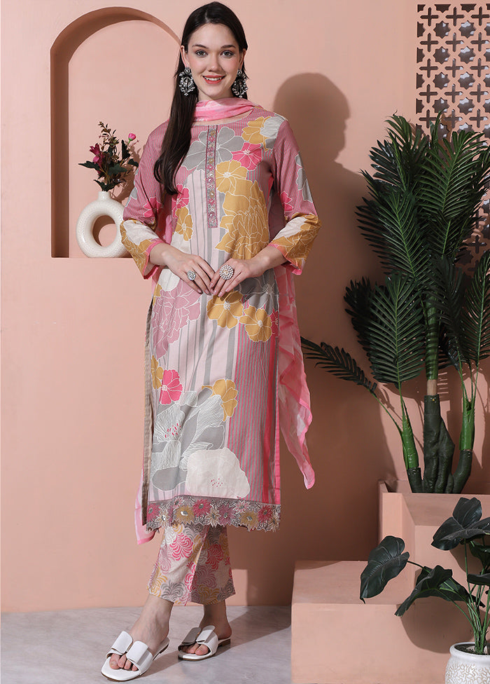 3 Pc Multicolor Unstitched Cotton Suit Set