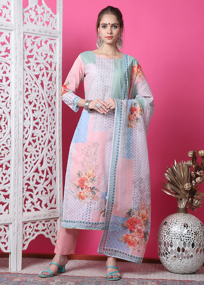 3 Pc Multicolor Semi Stitched Cotton Suit Set