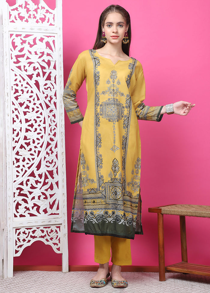 3 Pc Yellow Semi Stitched Cotton Suit Set