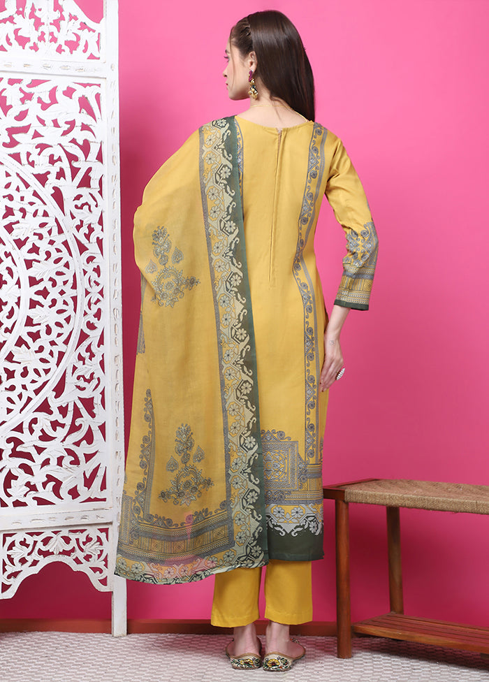 3 Pc Yellow Semi Stitched Cotton Suit Set