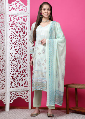 3 Pc Green Semi Stitched Cotton Suit Set