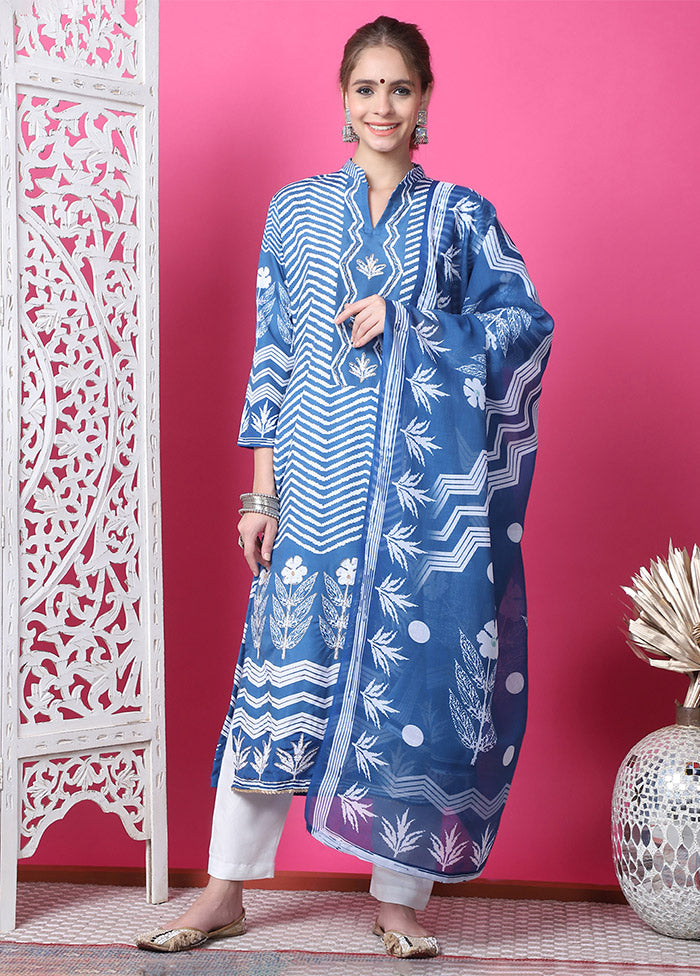 3 Pc Indigo Blue Unstitched Cotton Suit Set