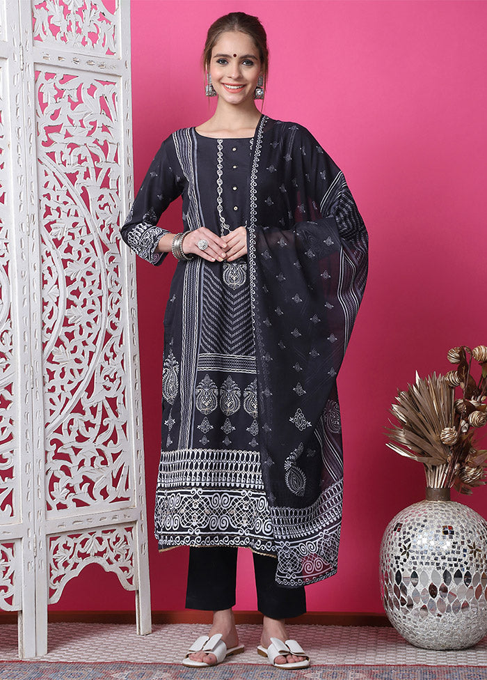 3 Pc Black Unstitched Cotton Suit Set