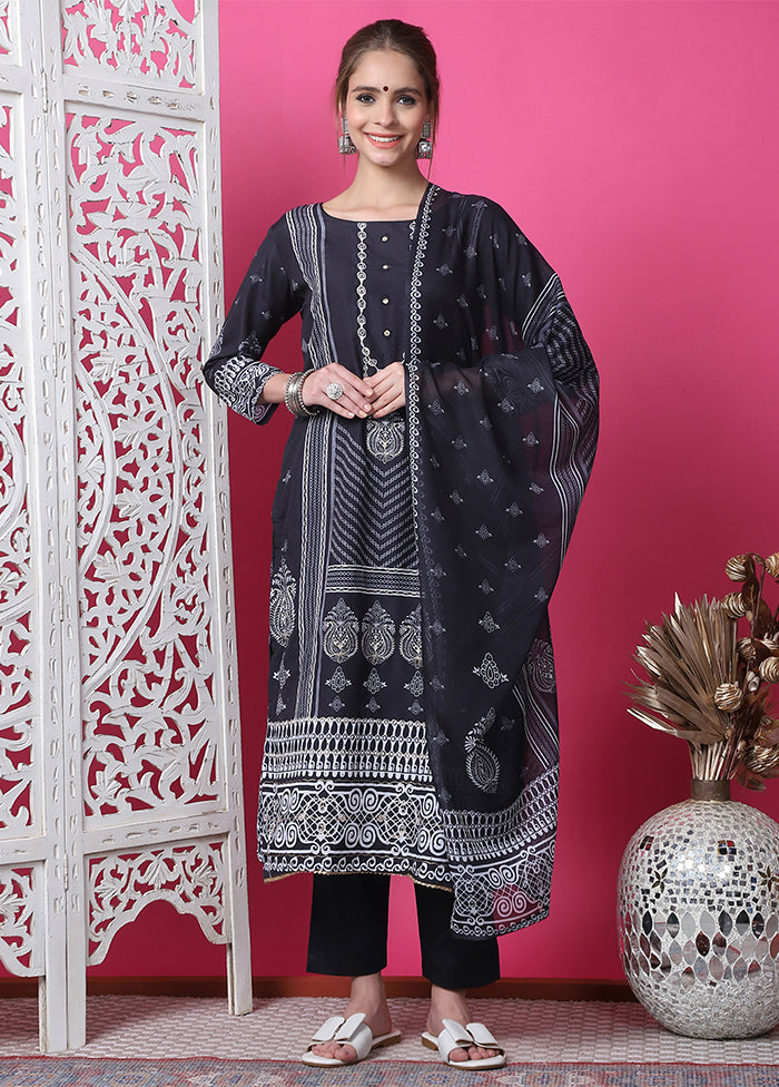 3 Pc Black Semi Stitched Cotton Suit Set