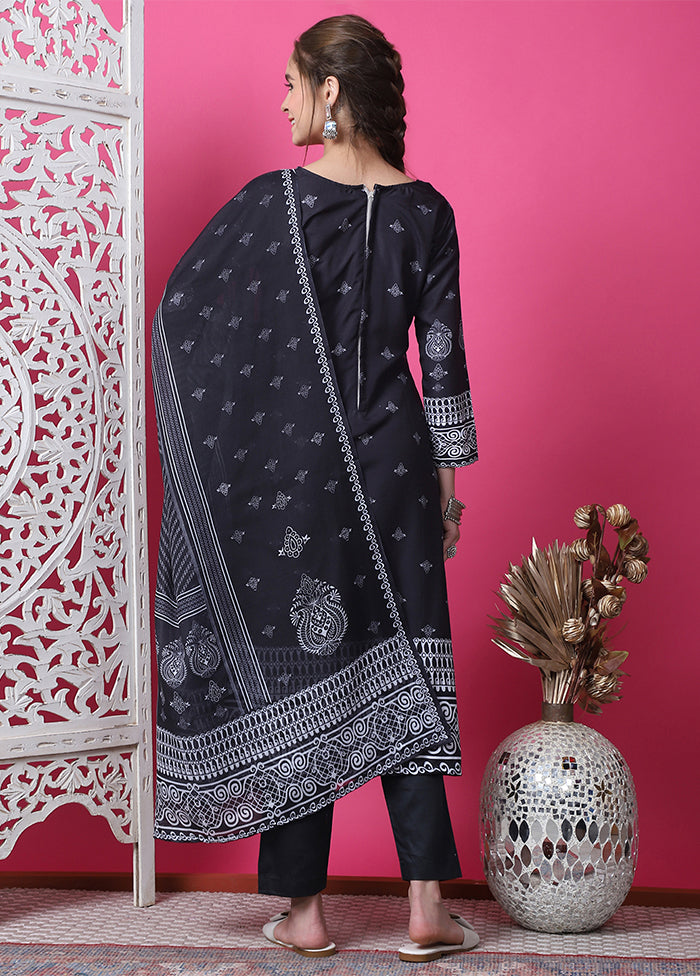 3 Pc Black Semi Stitched Cotton Suit Set