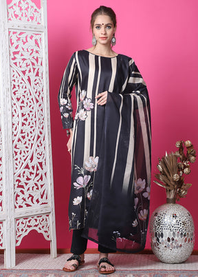 3 Pc Black Semi Stitched Cotton Suit Set