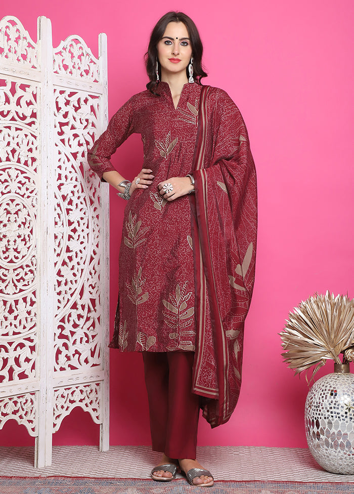 3 Pc Maroon Semi Stitched Silk Suit Set