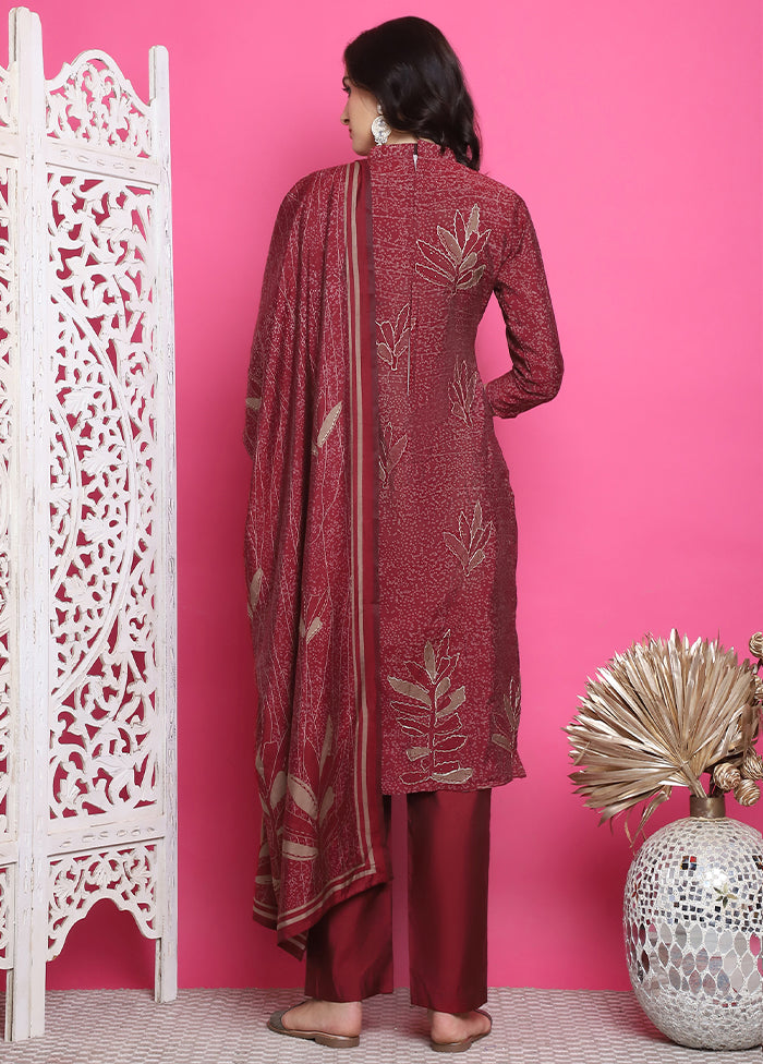 3 Pc Maroon Semi Stitched Silk Suit Set