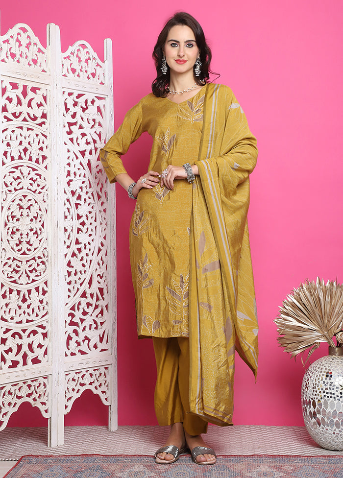 3 Pc Yellow Semi Stitched Silk Suit Set