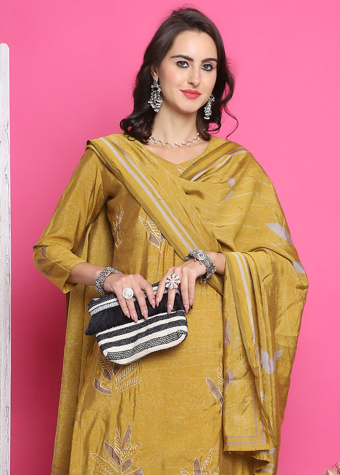 3 Pc Mustard Unstitched Silk Suit Set