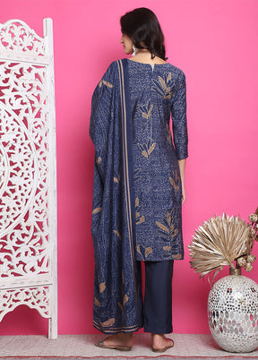 3 Pc Navy Blue Unstitched Silk Suit Set