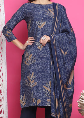 3 Pc Navy Blue Unstitched Silk Suit Set