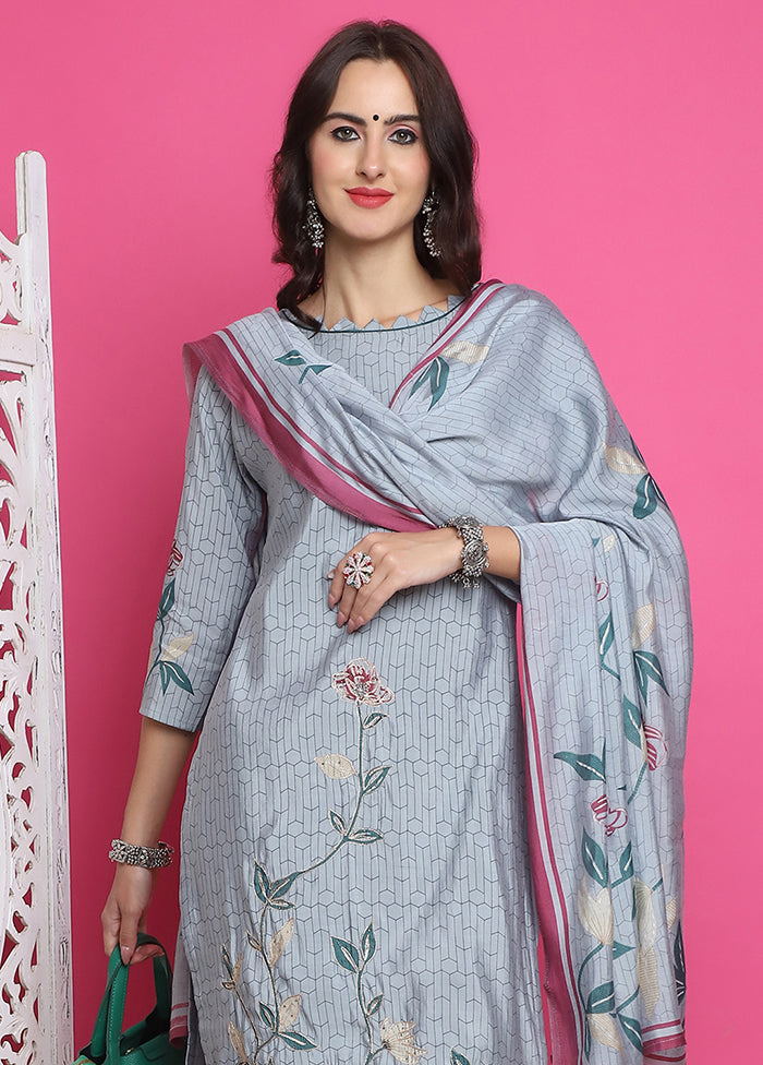 3 Pc Grey Semi Stitched Silk Suit Set