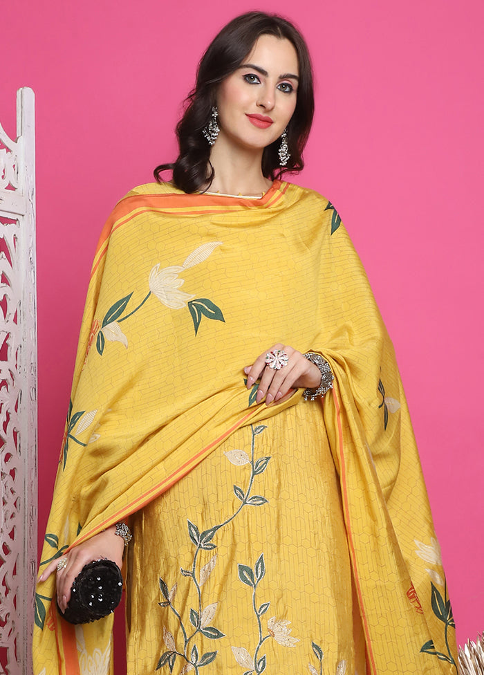 3 Pc Yellow Semi Stitched Silk Suit Set