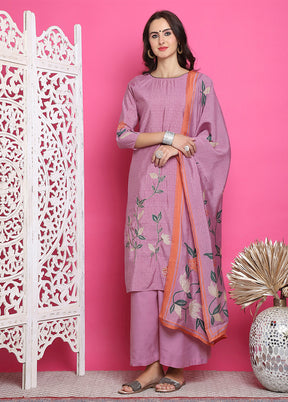 3 Pc Purple Semi Stitched Silk Suit Set