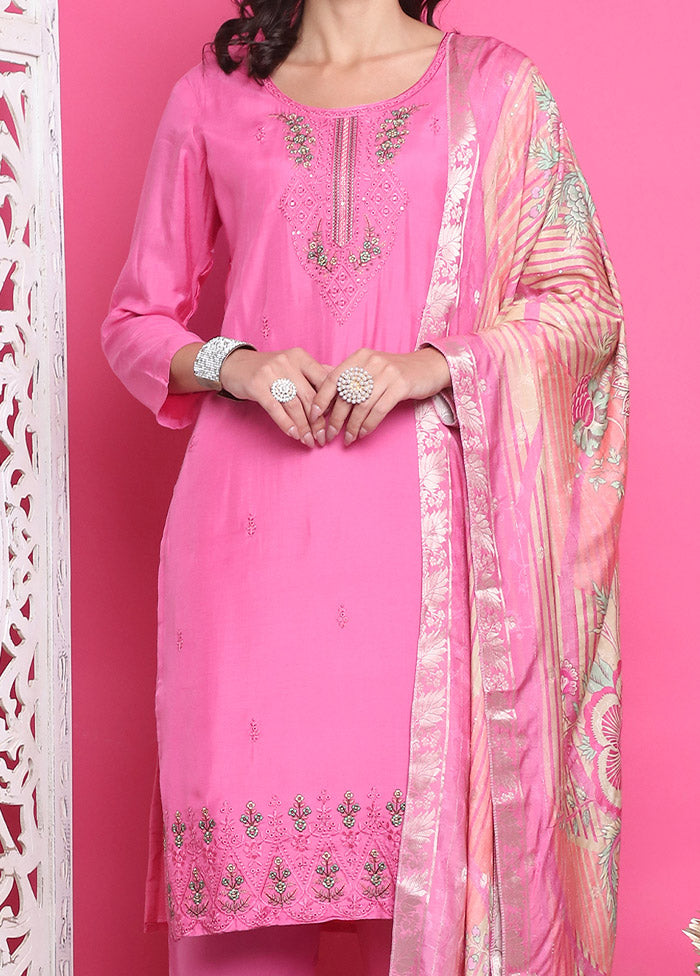 3 Pc Pink Unstitched Silk Suit Set