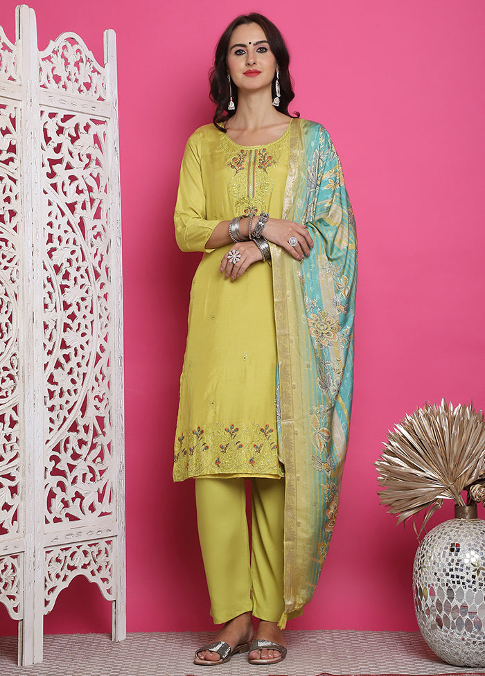 3 Pc Yellow Unstitched Silk Suit Set