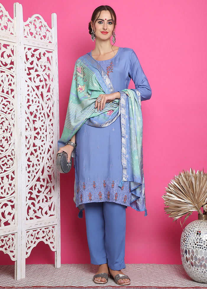 3 Pc Blue Unstitched Silk Suit Set