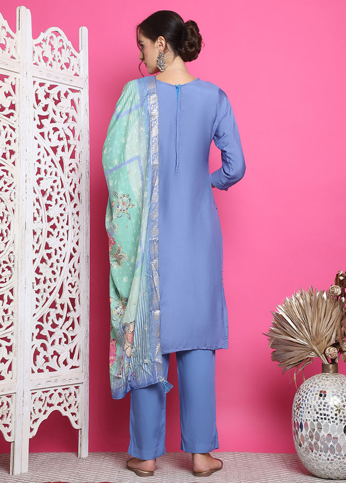 3 Pc Blue Semi Stitched Silk Suit Set