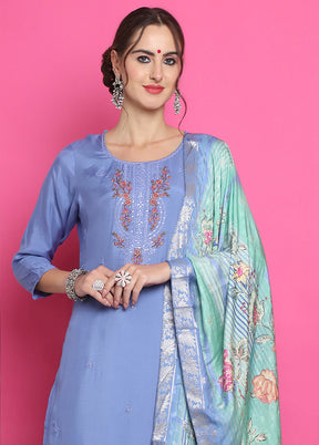 3 Pc Blue Semi Stitched Silk Suit Set