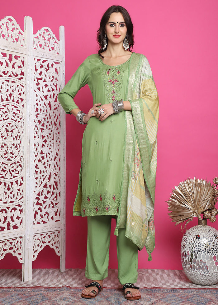 3 Pc Green Unstitched Silk Suit Set