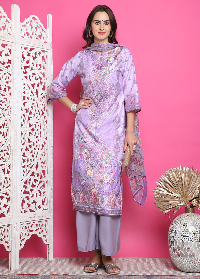 3 Pc Purple Semi Stitched Silk Suit Set