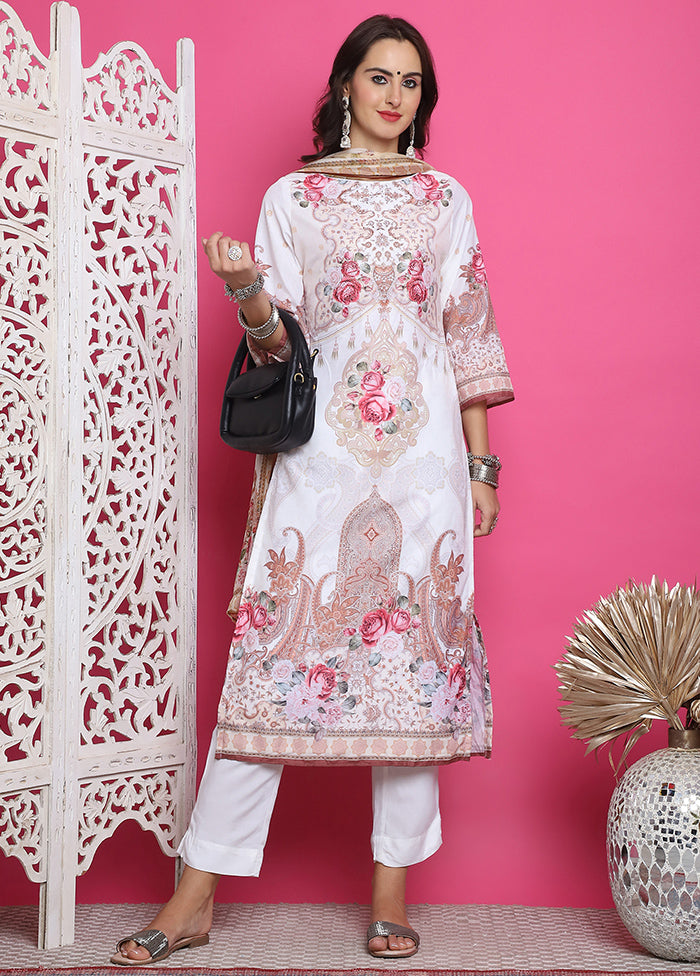 3 Pc Cream Unstitched Silk Suit Set