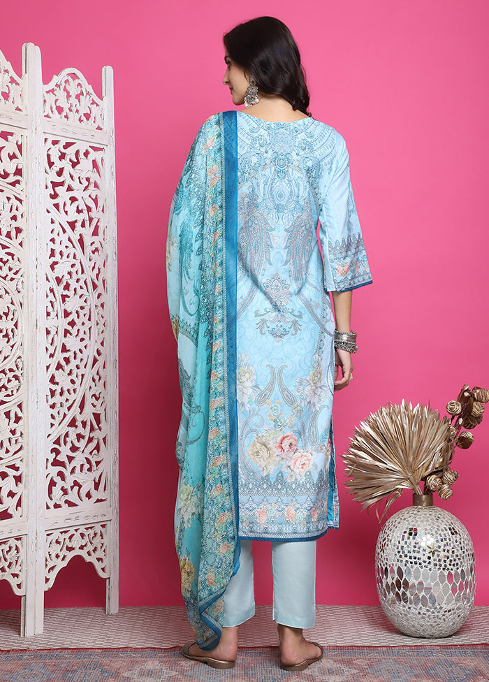 3 Pc Turquoise Unstitched Silk Suit Set