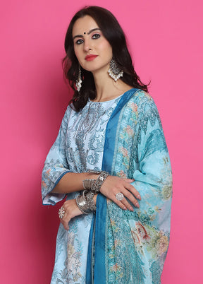 3 Pc Blue Semi Stitched Silk Suit Set