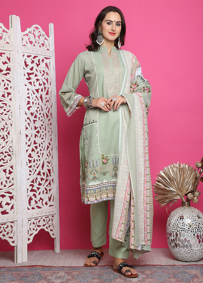 3 Pc Green Unstitched Cotton Suit Set