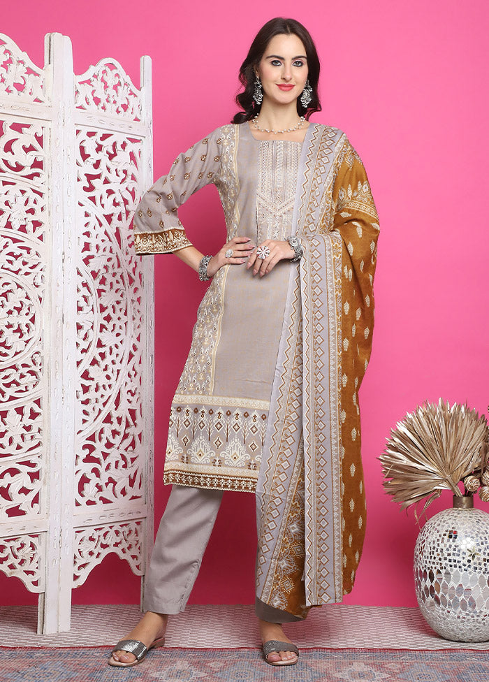 3 Pc Grey Unstitched Cotton Suit Set