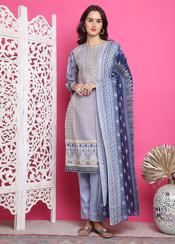 3 Pc Sky Blue Unstitched Cotton Suit Set