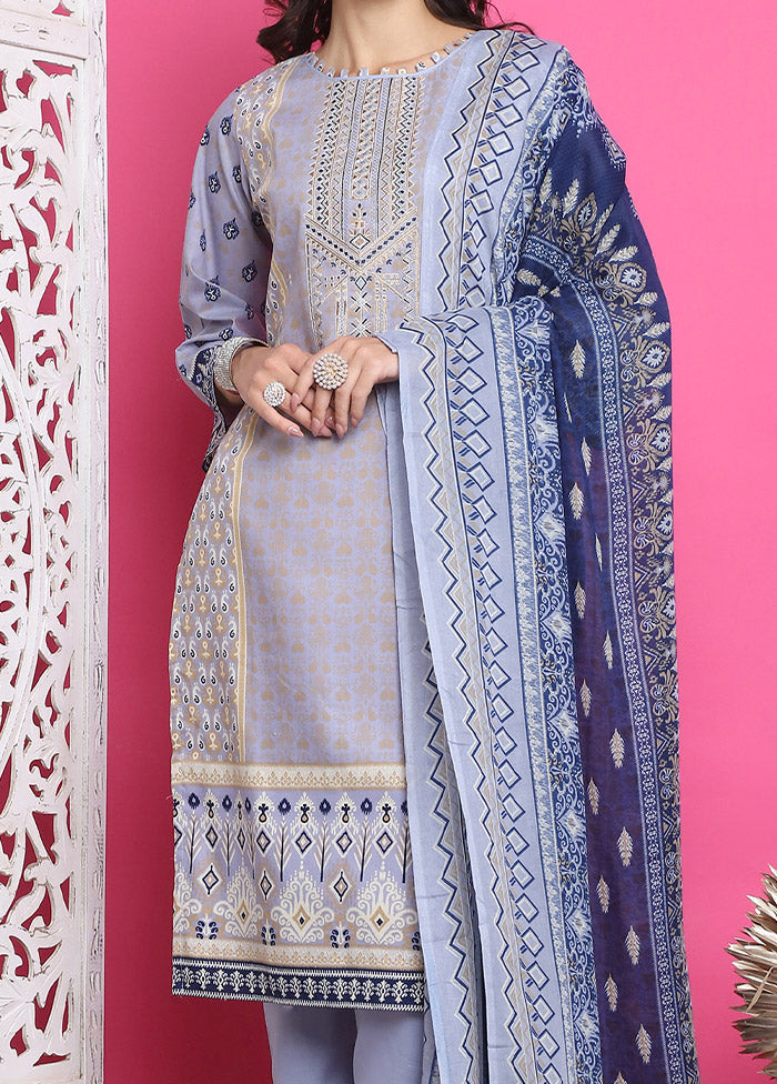 3 Pc Sky Blue Unstitched Cotton Suit Set